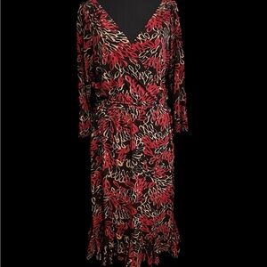 Vintage-Inspired Red and Black Abstract Print Midi Dress, Long Sleeve, V-Neck